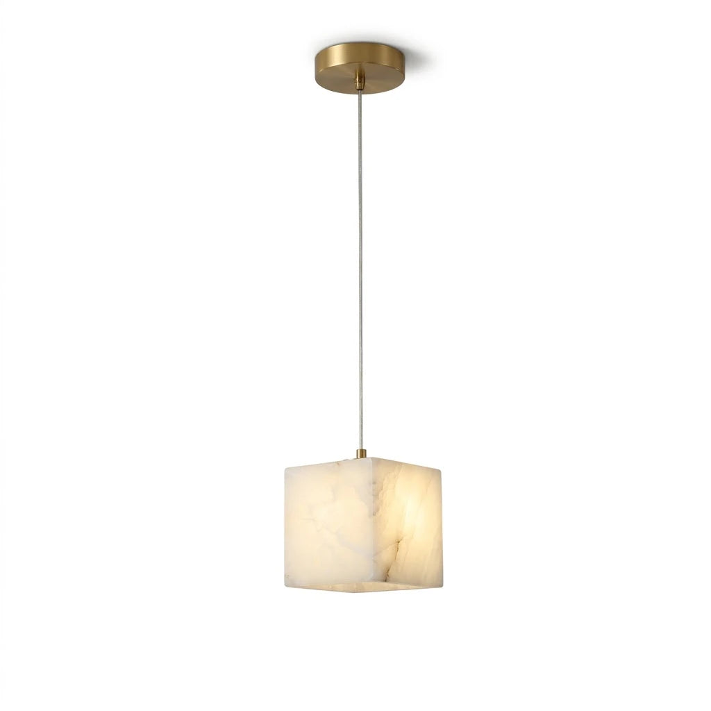 Modern Cube Alabaster Art Glass Pendant Light with Brass Canopy on Pure White Background