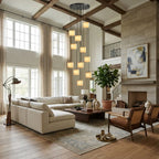Modern Cascading Alabaster Cube Pendant Lights in Vaulted Living Room