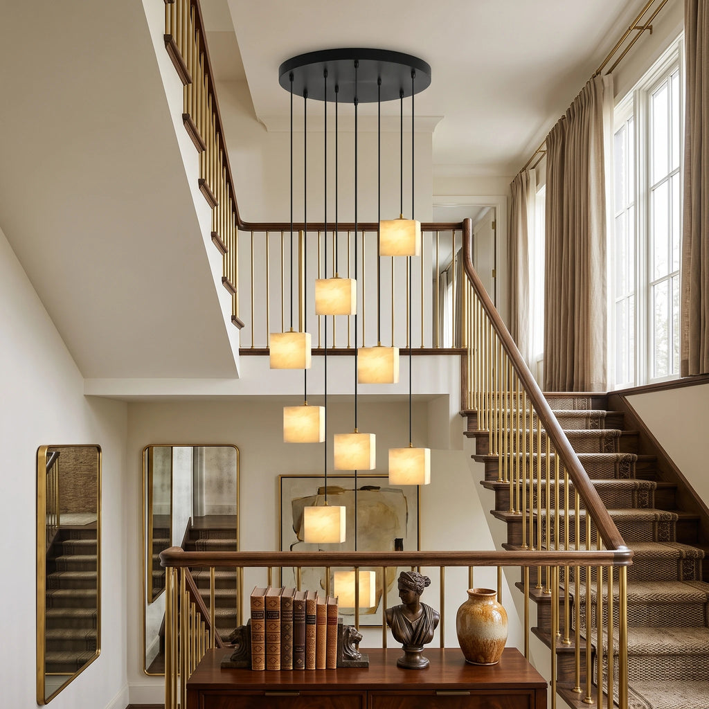 Modern Cascading Cube Alabaster Pendant Lights in Stairwell Foyer