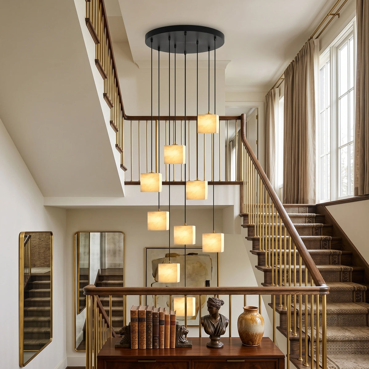 Modern Cascading Cube Alabaster Pendant Lights in Stairwell Foyer