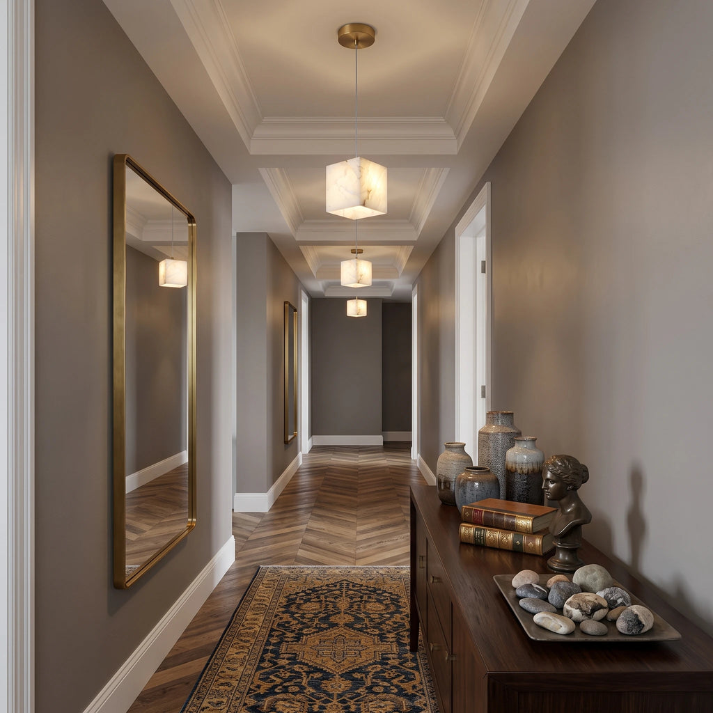 Modern Cube Alabaster Art Glass Pendant Lights Along Hallway Corridor