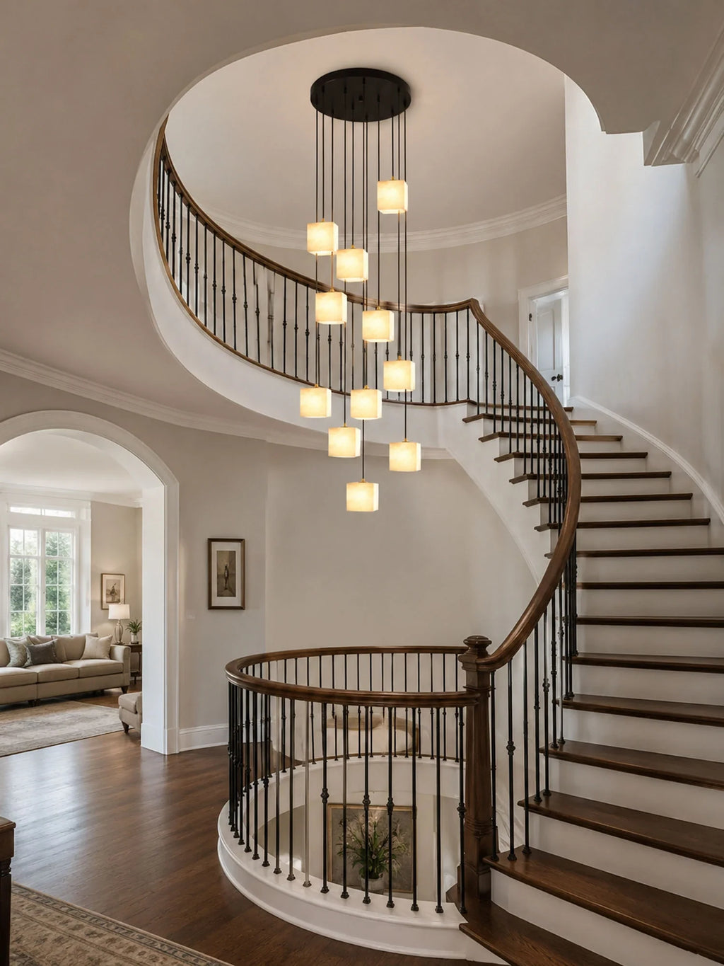 Modern Cascading Cube Alabaster Pendant Lights in Spiral Staircase Setting