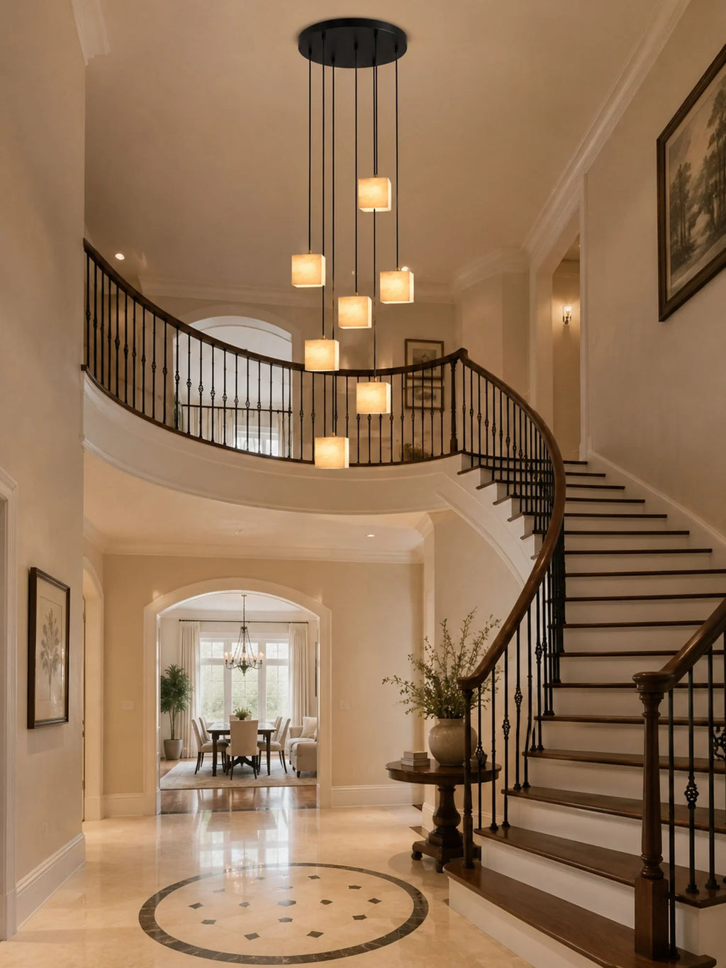 Modern Cube Alabaster Art Glass Chandelier in Vaulted Foyer