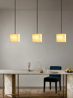 Modern Cube Alabaster Pendant Lights Over Dining Area