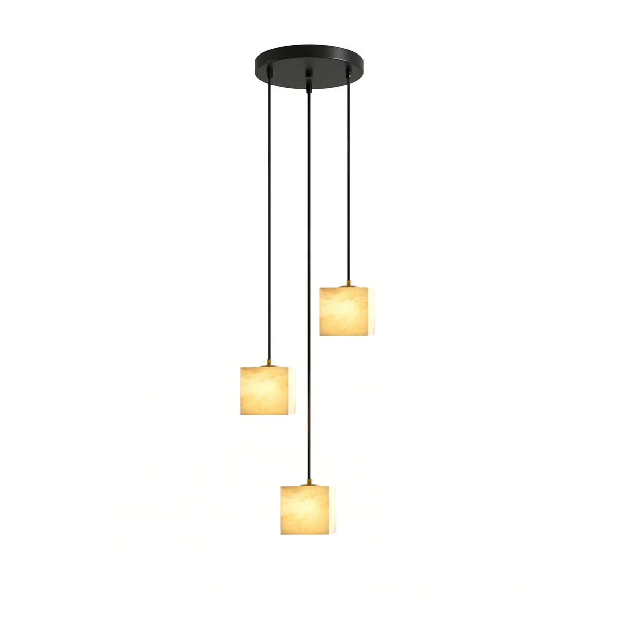 Illuminated Modern Triple Cube Alabaster Pendant Lights Studio Shot