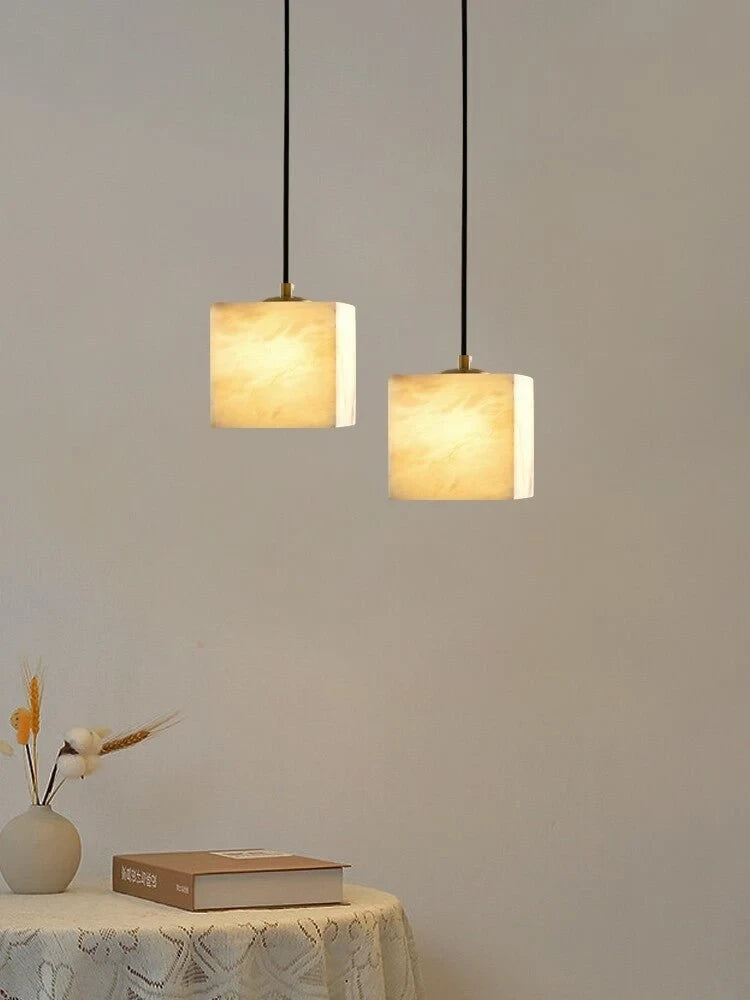 Illuminated Modern Double Cube Alabaster Pendant Lights Studio Shot