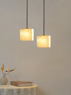 Illuminated Modern Double Cube Alabaster Pendant Lights Studio Shot