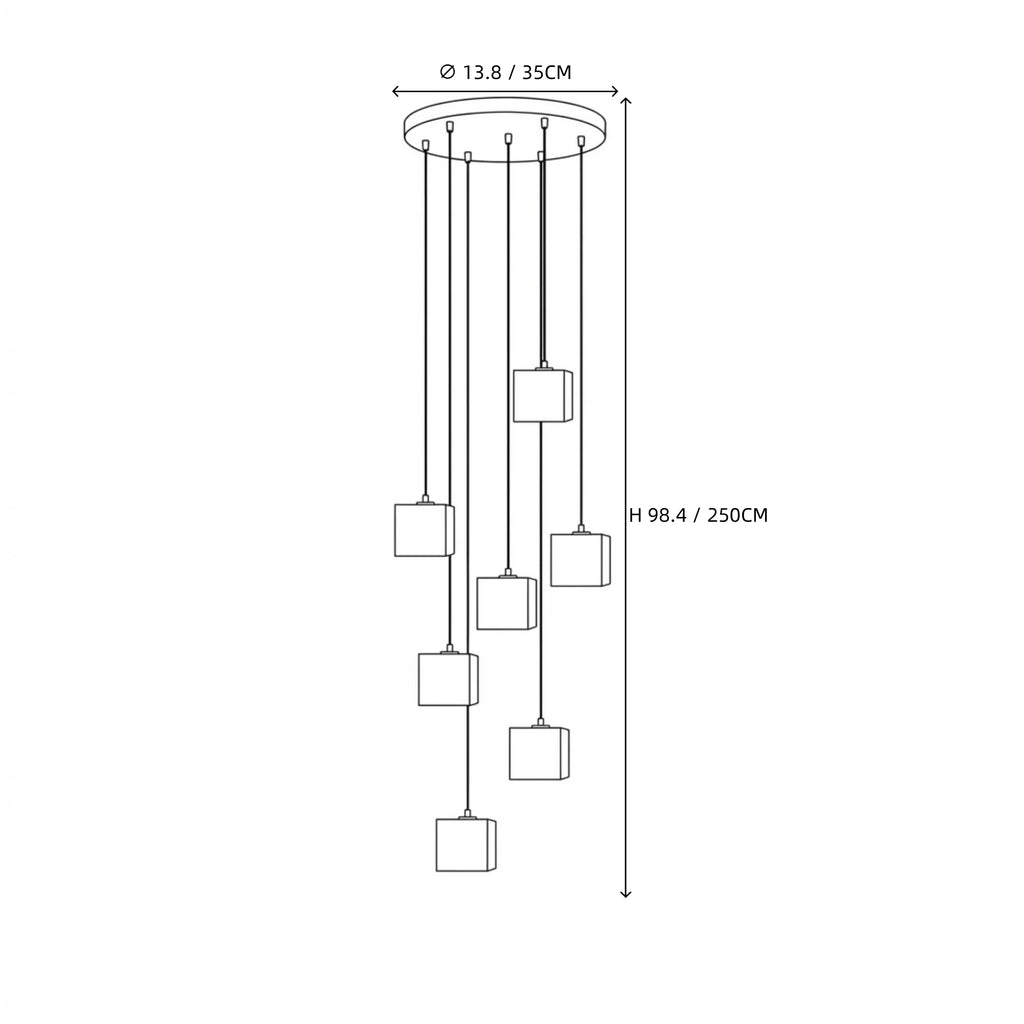 Modern Five-Light Cube Alabaster Pendant Fixture Line Art Dimension Diagram