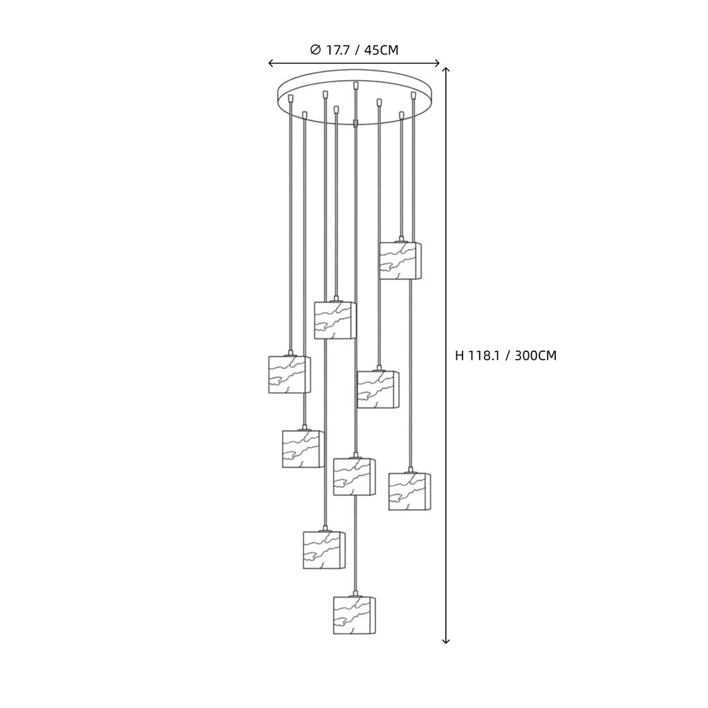 Modern Multi-Light Cube Alabaster Chandelier Line Art Dimension Diagram