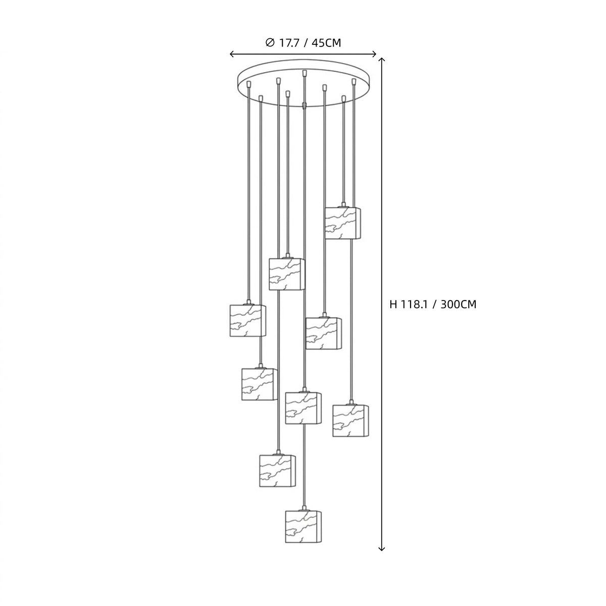 Modern Multi-Light Cube Alabaster Chandelier Line Art Dimension Diagram
