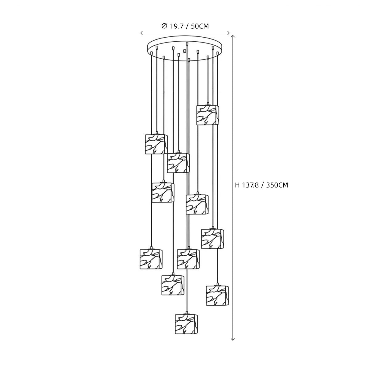 Modern Grand Cube Alabaster Chandelier Line Art Dimension Diagram