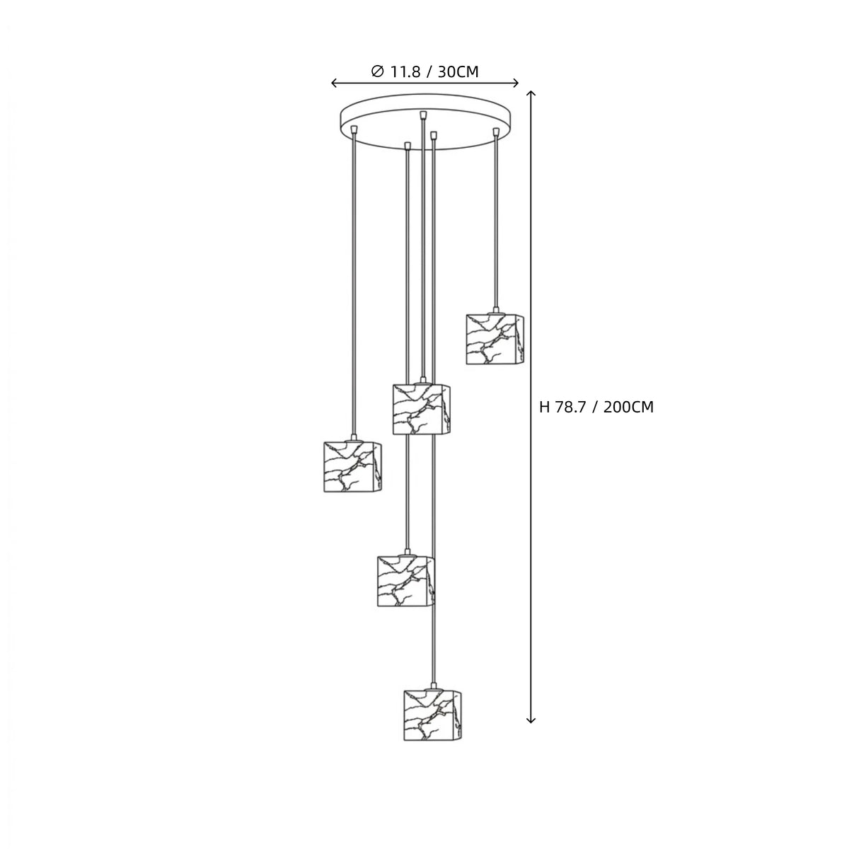 Modern Four-Light Cube Alabaster Pendant Fixture Line Art Dimension Diagram