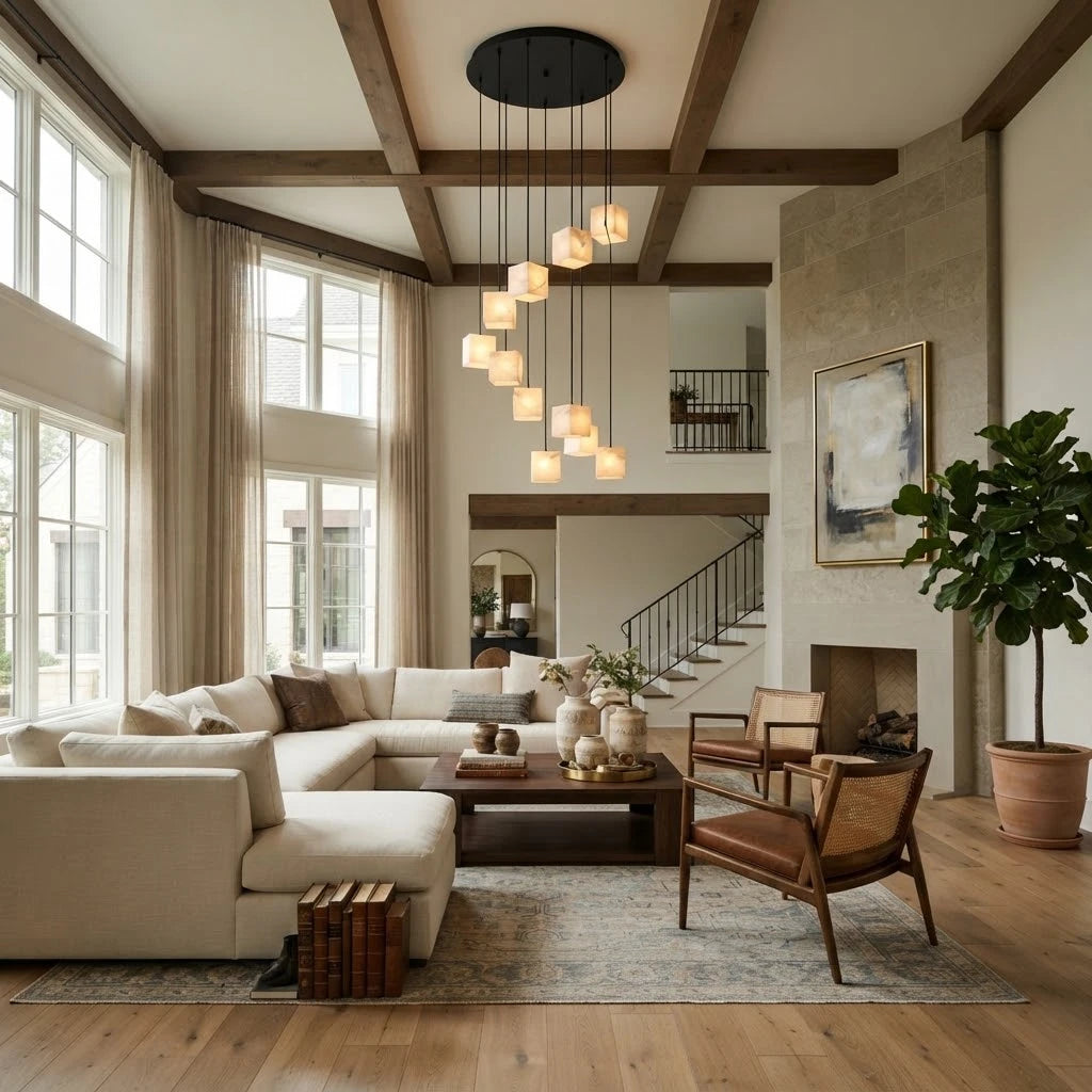 Modern Cube Alabaster Art Glass Chandelier in Vaulted Living Room