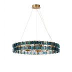 Modern Antique Brass and Teal Crystal Art Glass Chandelier with Gold Canopy on Pure White Background