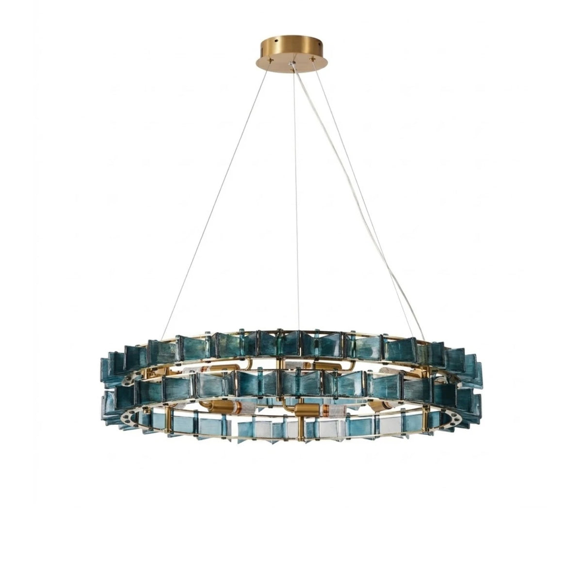 Modern Antique Brass and Teal Crystal Art Glass Chandelier with Gold Canopy on Pure White Background