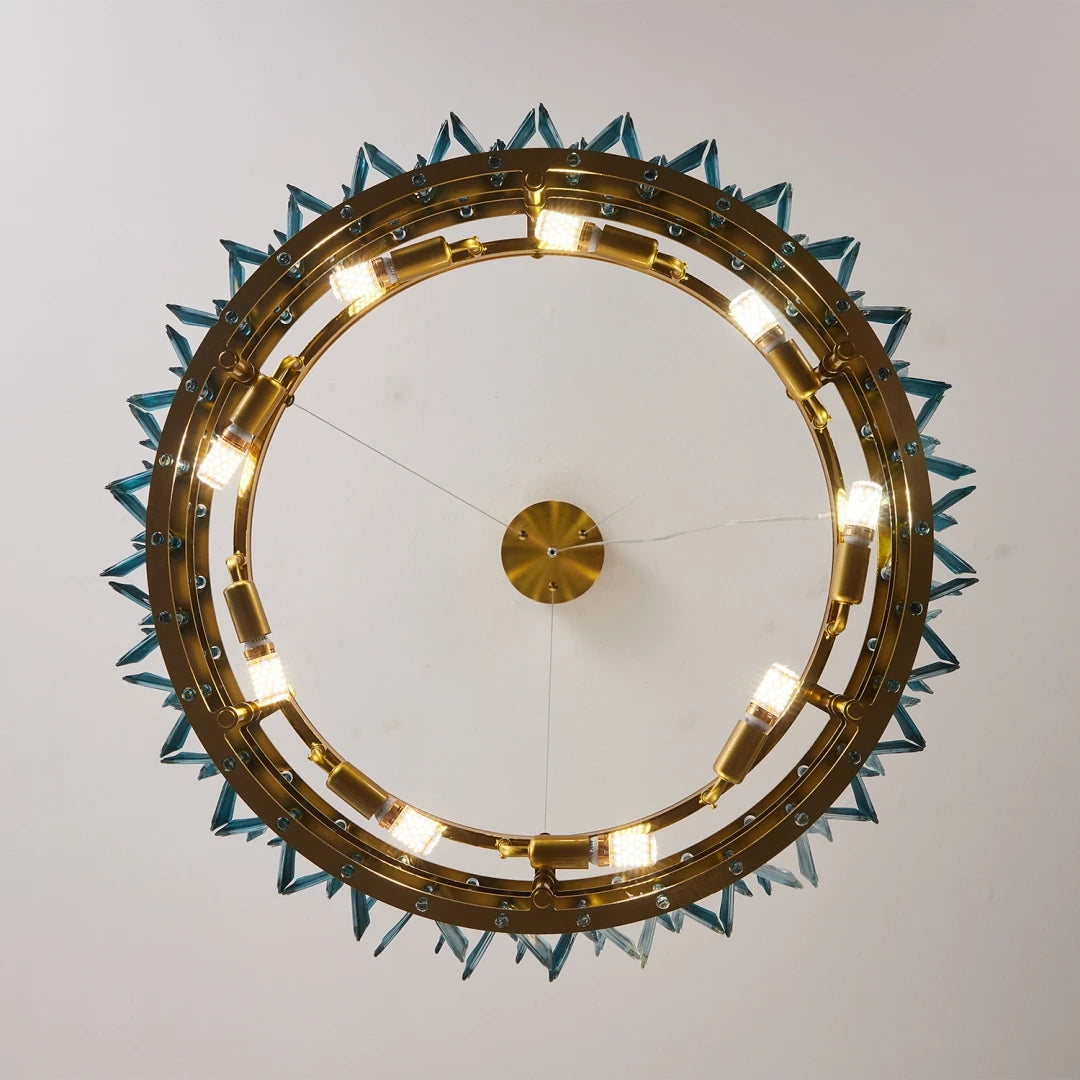 Top View of Illuminated Modern Antique Brass Teal Crystal Chandelier