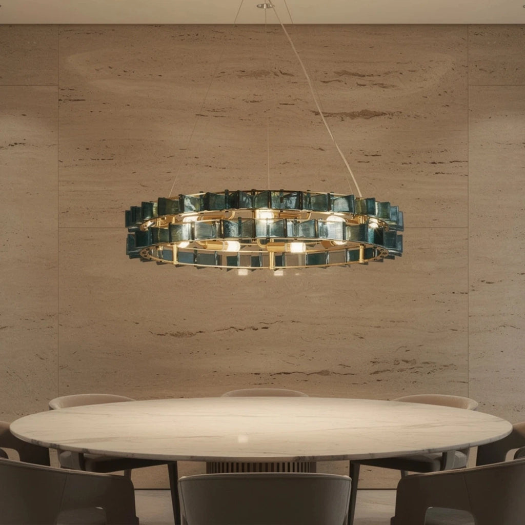 Modern Antique Brass Teal Crystal Chandelier in Contemporary Dining Space