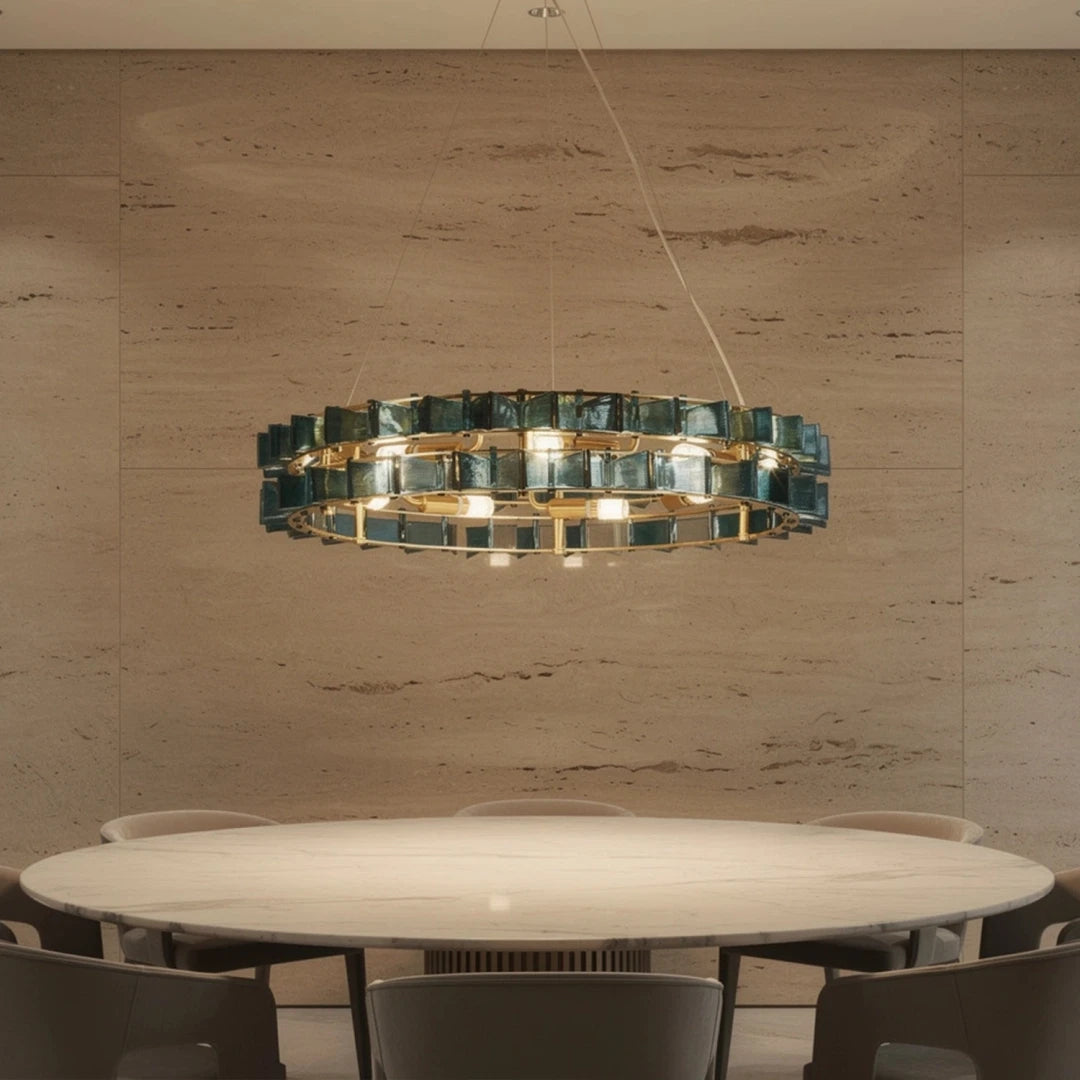 Modern Antique Brass Teal Crystal Chandelier in Contemporary Dining Space