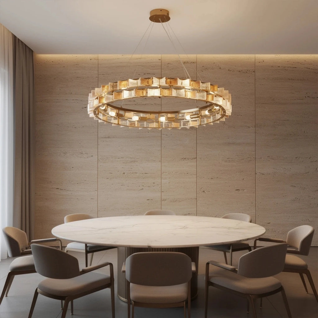 Modern Teal Crystal Art Glass Chandelier in Open Plan Dining Setting