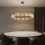 Modern Antique Brass Teal Crystal Chandelier in Classic Dining Setting