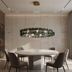 Modern Antique Brass Teal Crystal Chandelier in Elegant Dining Setting