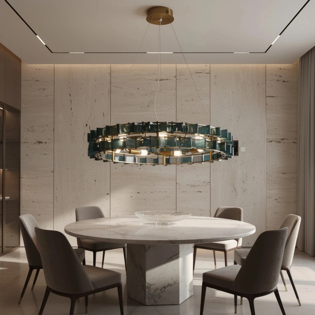 Modern Antique Brass Teal Crystal Chandelier in Elegant Dining Setting