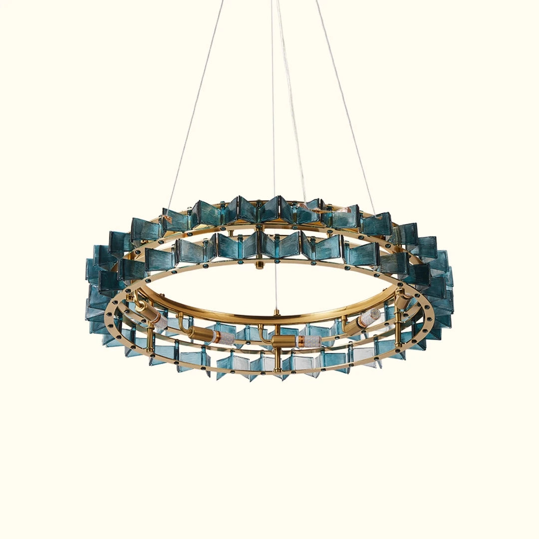 Illuminated Modern Teal Crystal Art Glass Chandelier Studio Display