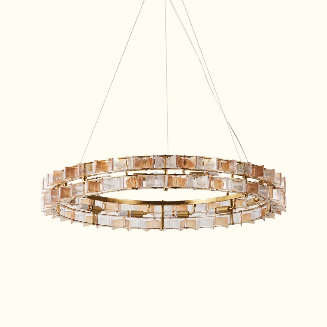 Illuminated Modern Antique Brass Gold Crystal Chandelier Studio Shot
