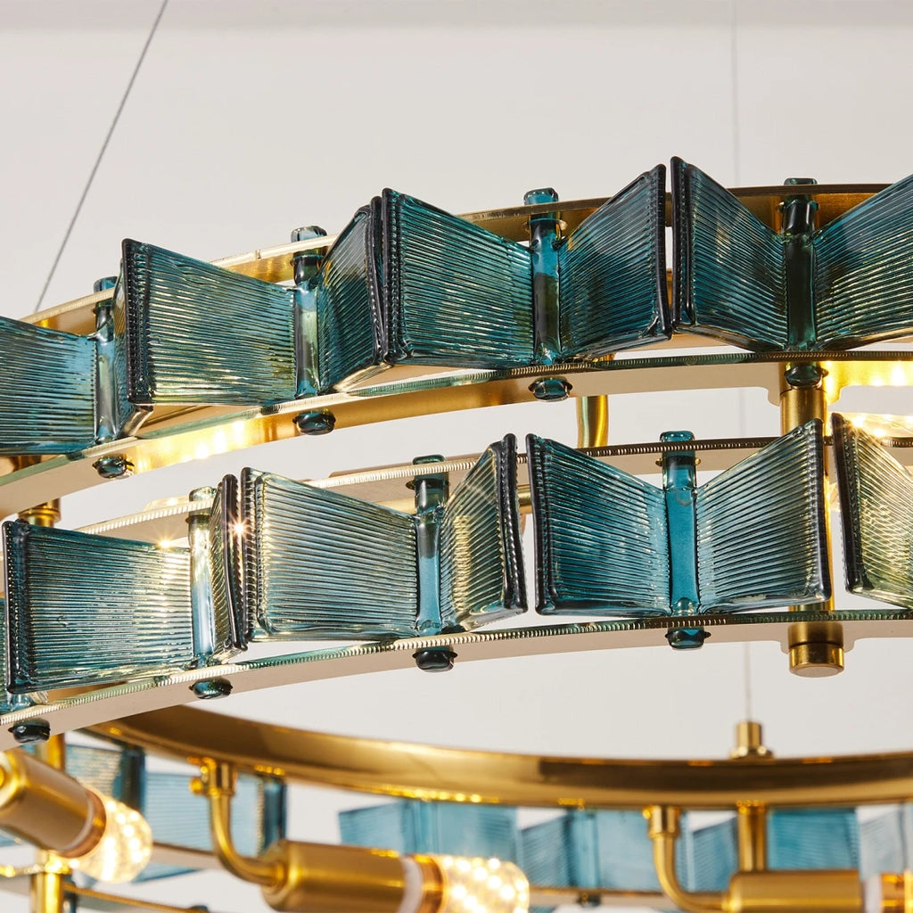 Close Up View of Teal Crystal Glass Blocks Texture and Antique Brass Details