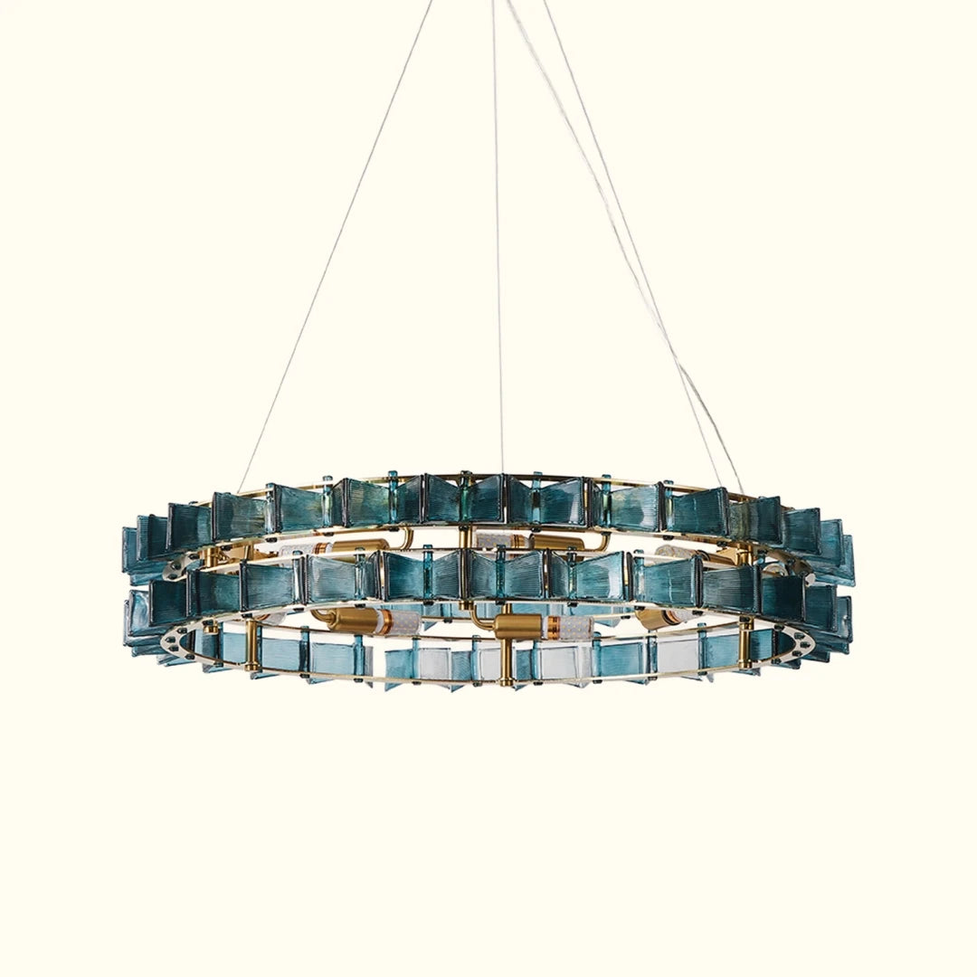 Illuminated Modern Antique Brass Teal Crystal Chandelier Studio Display