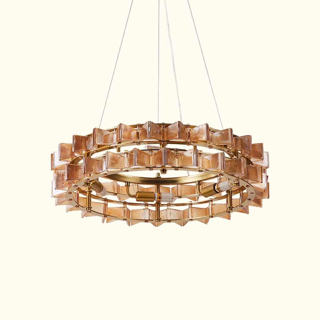 Illuminated Modern Gold Crystal Art Glass Chandelier Studio Shot