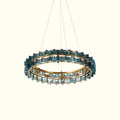 Upward View of Illuminated Modern Antique Brass Gold Crystal Chandelier