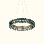 Upward View of Illuminated Modern Antique Brass Gold Crystal Chandelier