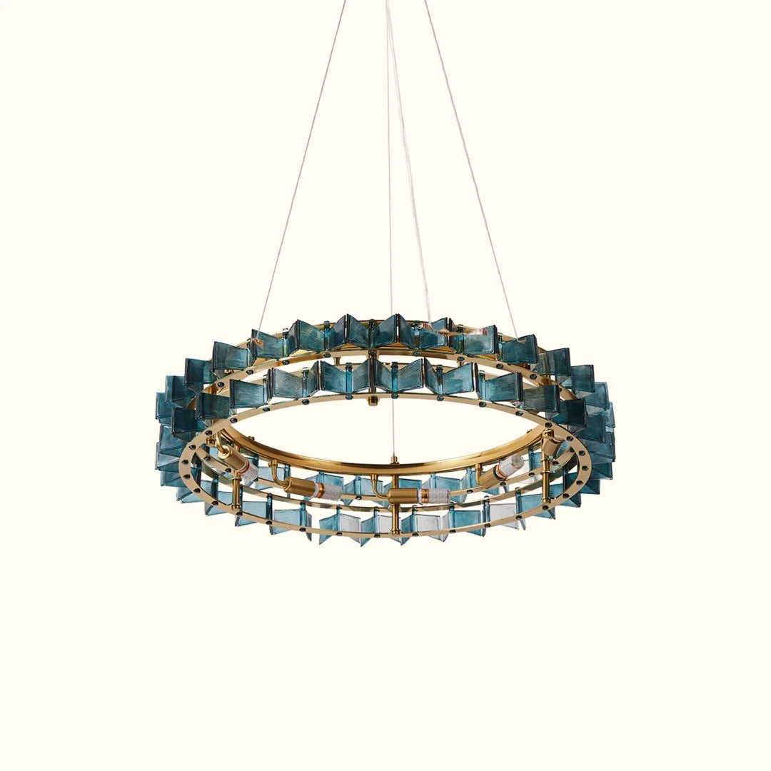 Upward View of Illuminated Modern Antique Brass Gold Crystal Chandelier