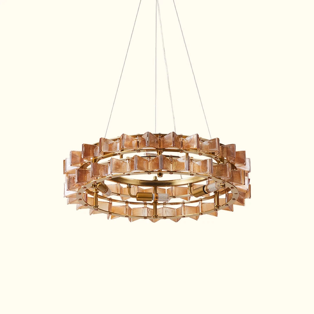 Upward View of Illuminated Modern Teal Crystal Art Glass Chandelier