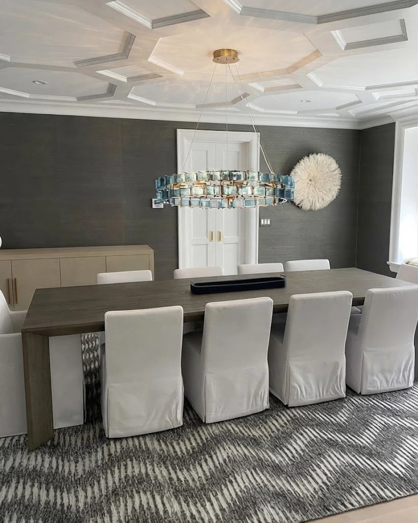 Modern Teal Crystal Art Glass Chandelier in Luxury Dining Area