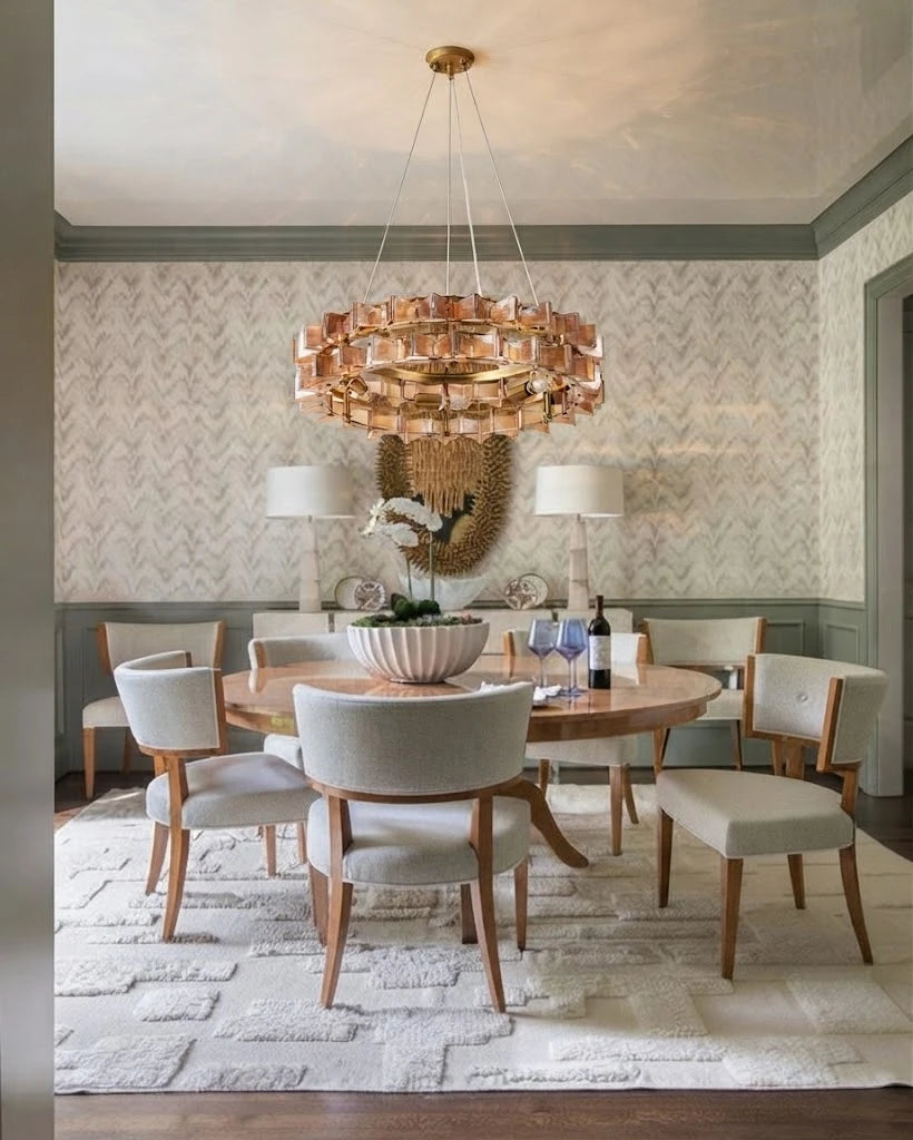 Modern Antique Brass Teal Crystal Chandelier in Elegant Dining Room