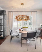 Modern Teal Crystal Art Glass Chandelier Over Round Dining Table