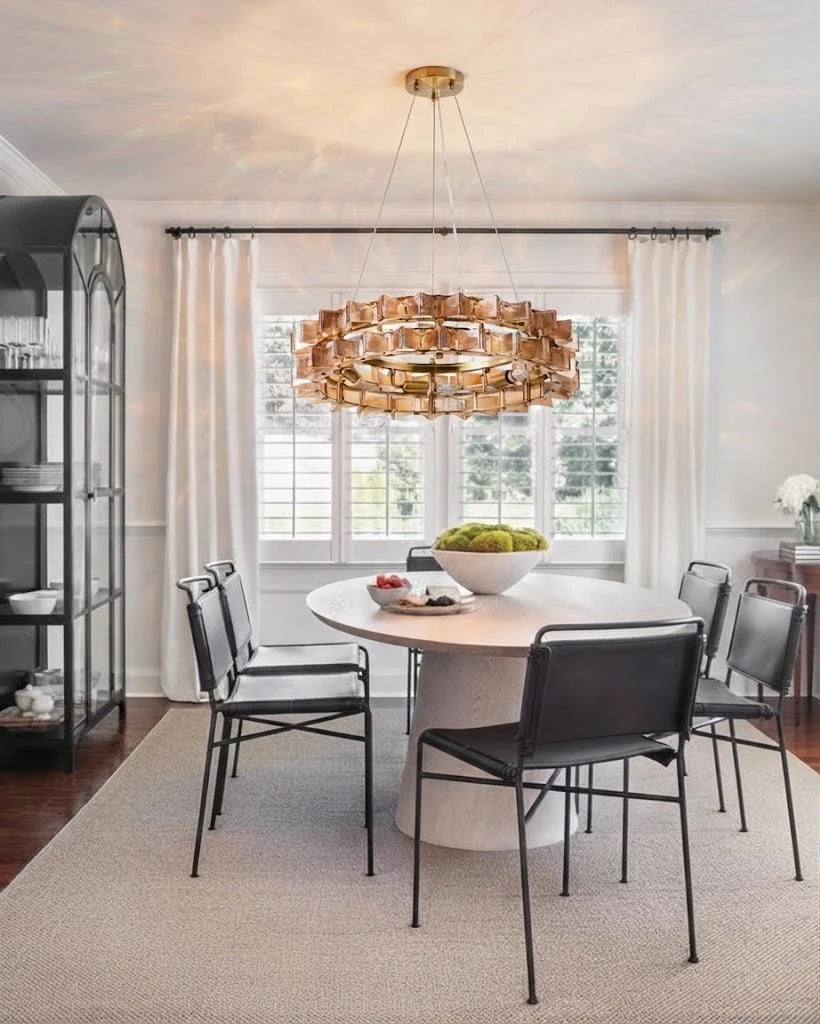 Modern Teal Crystal Art Glass Chandelier Over Round Dining Table