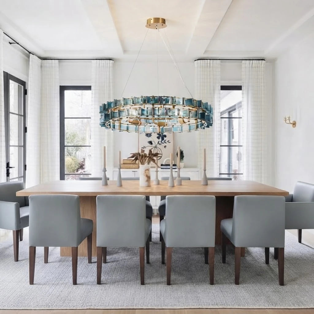 Modern Antique Brass Teal Crystal Chandelier in Formal Dining Room