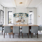 Modern Antique Brass Teal Crystal Chandelier in Formal Dining Room