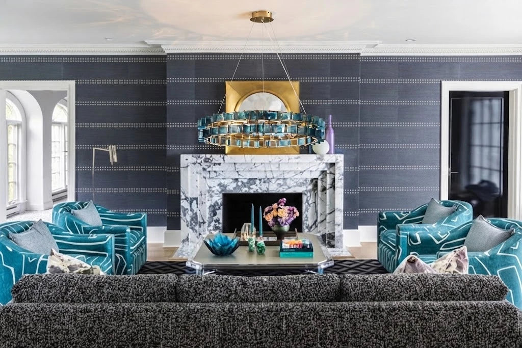 Modern Teal Crystal Art Glass Chandelier in Formal Living Room