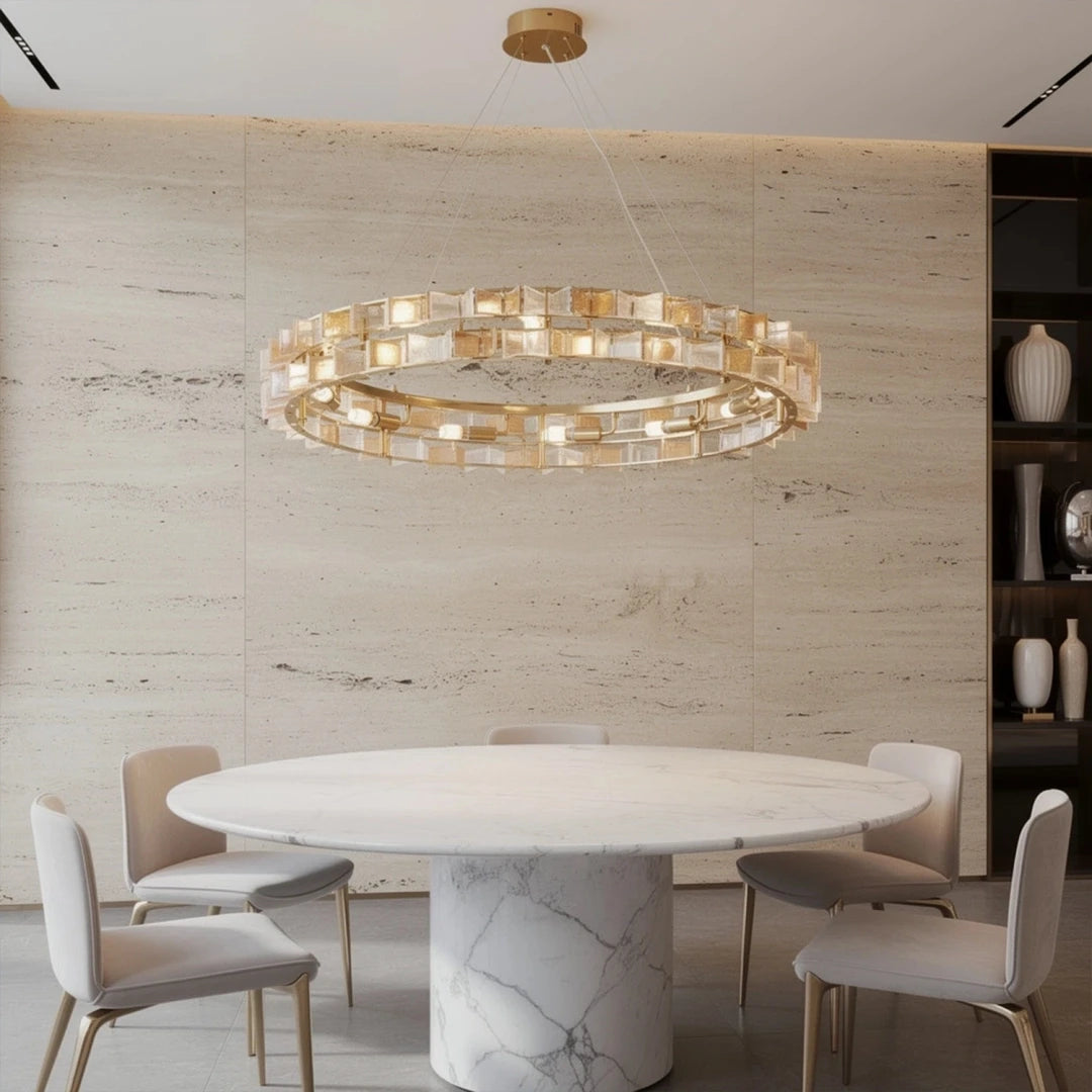 Modern Antique Brass Teal Crystal Chandelier in Luxury Dining Interior