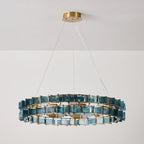 Illuminated Modern Antique Brass Teal Crystal Art Glass Chandelier Studio Shot