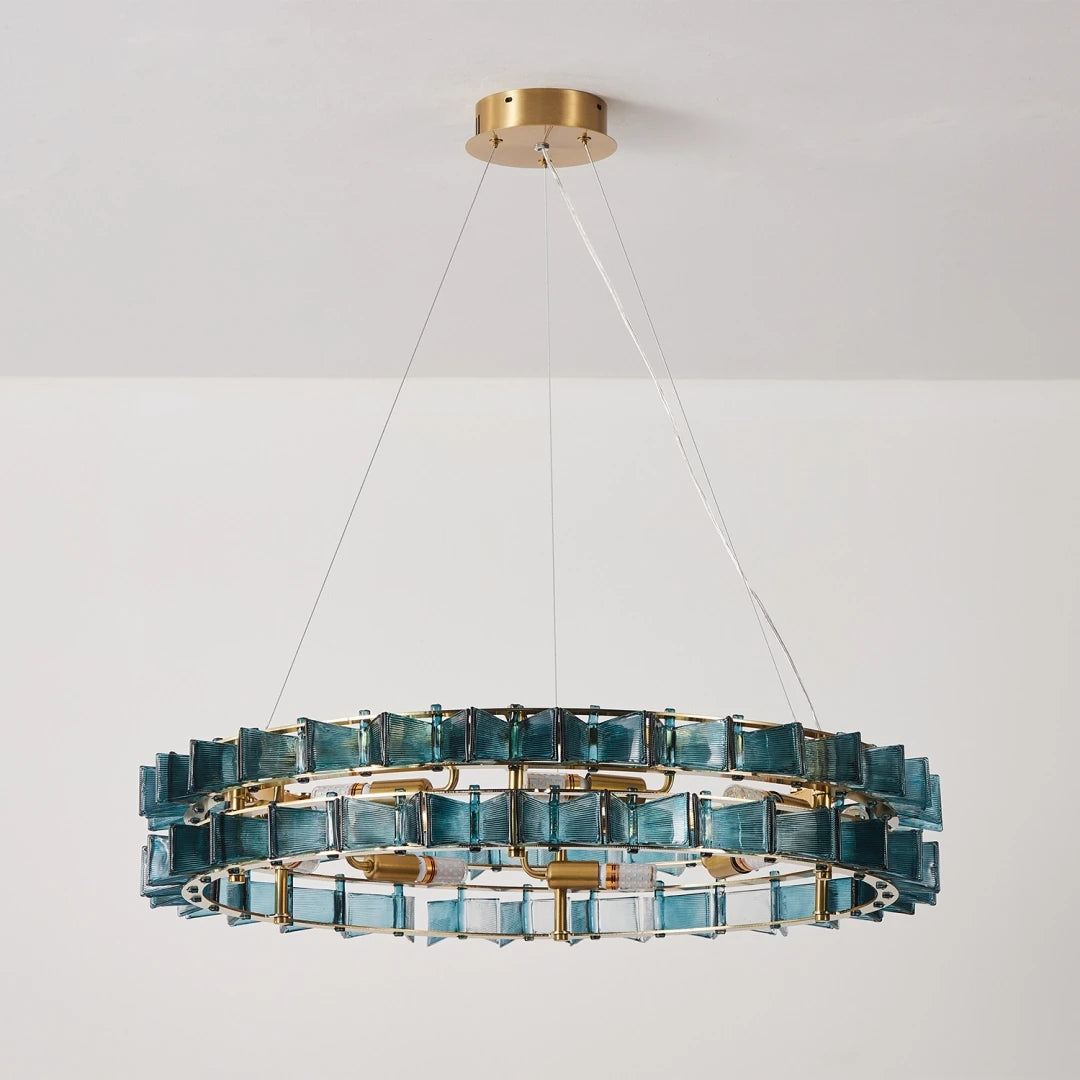 Illuminated Modern Antique Brass Teal Crystal Art Glass Chandelier Studio Shot