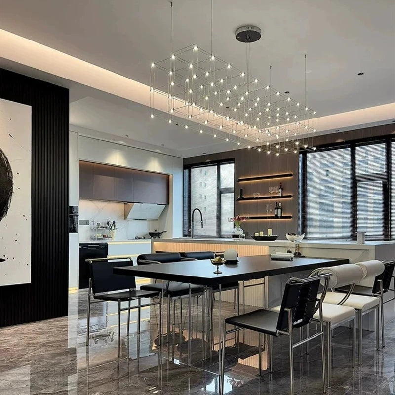 Linear Grid Chandelier Hanging over Marble Dining Table