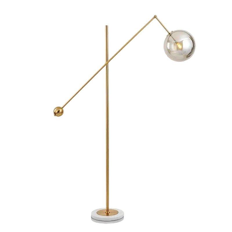 Modern Balance Arm Smoked Glass Globe Floor Lamp with Marble Base on Pure White Background