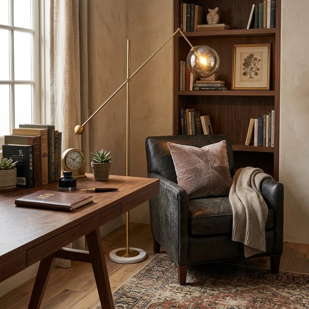 Modern Glass Globe Floor Lamp in Home Study Library