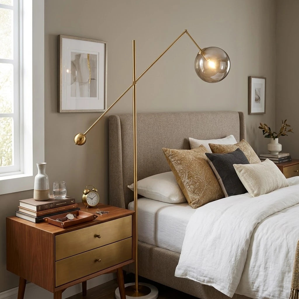 Modern Balance Arm Floor Lamp in Master Bedroom Setting