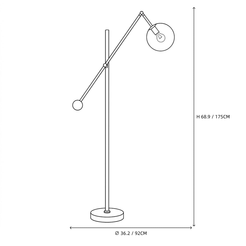 Modern Balance Arm Smoked Glass Globe Floor Lamp Line Art Dimension Diagram